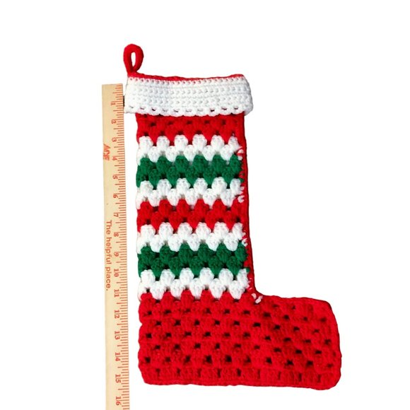 Vintage Handmade Christmas Stocking Used Crochet Red Green 70s - Picture 5 of 6